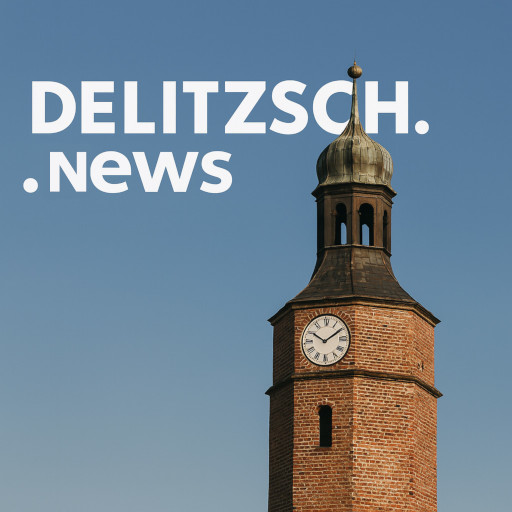 Logo von Delitzsch.News. Der Hallesche Turm mit dem Schriftzug Delitzsch.News im Hintergrund