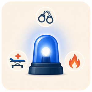 Symbolisches Blaulicht Icon mit Handschellen, Notarzt-Trage und Feuer