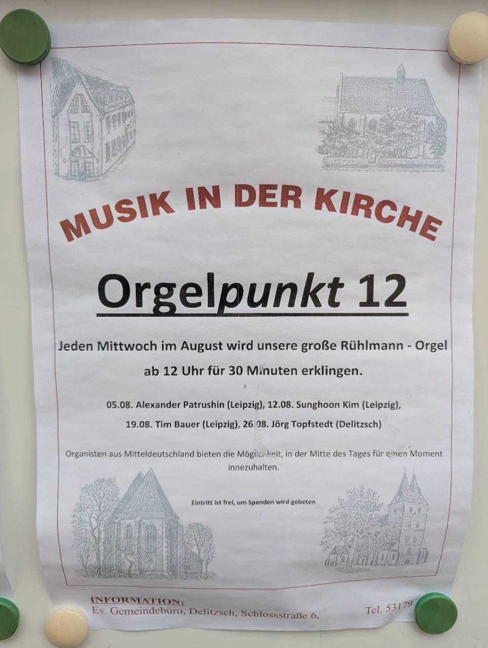 Aushang der Konzertreihe Orgelpunkt 12 in der Stadtkirche Delitzsch im August 2026