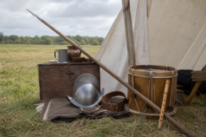KI-generiertes Symbolbild: Historisch anmutende Pike, Metallhelm, Trommel und Holzflöte liegen vor einem Zeltlager des 17. Jahrhunderts.