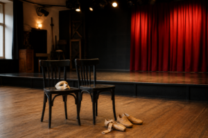 KI-generiertes Symbolbild: Zwei Stühle, eine Theatermaske und Tanzschuhe stehen vor einer kleinen Bühne mit rotem Vorhang.