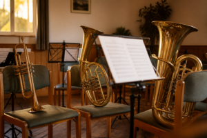 KI-generiertes Symbolbild: Trompete, Tenorhorn und Tuba stehen in einem warm beleuchteten Probenraum vor Notenständern.