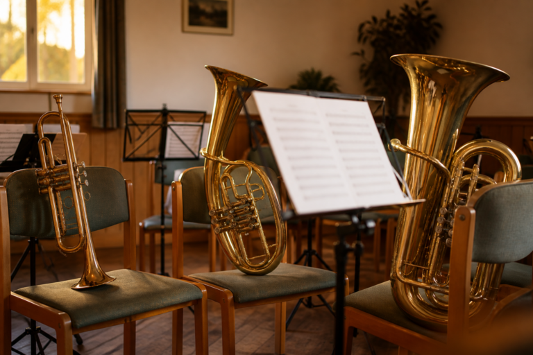KI-generiertes Symbolbild: Trompete, Tenorhorn und Tuba stehen in einem warm beleuchteten Probenraum vor Notenständern.