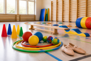 KI-generiertes Symbolbild: Bunte Reifen, Bälle, Kegel, Balanciergeräte und neutrale Tanzschuhe liegen in einer hellen, leeren Sporthalle.
