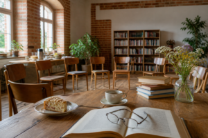 KI-generiertes Symbolbild: Ein heller Gemeinschaftsraum in einem alten Backsteingebäude ist mit Büchern, Stühlen, Kaffee und Kuchen für eine Lesung vorbereitet.