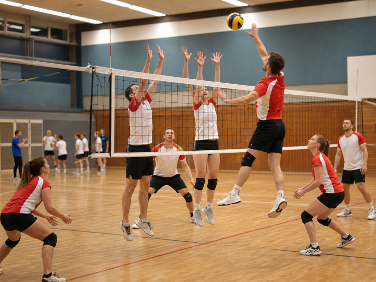 KI-generiertes Symbolbild: Volleyballspielerinnen und Volleyballspieler bei einem Angriff und Block am Netz in einer Sporthalle.