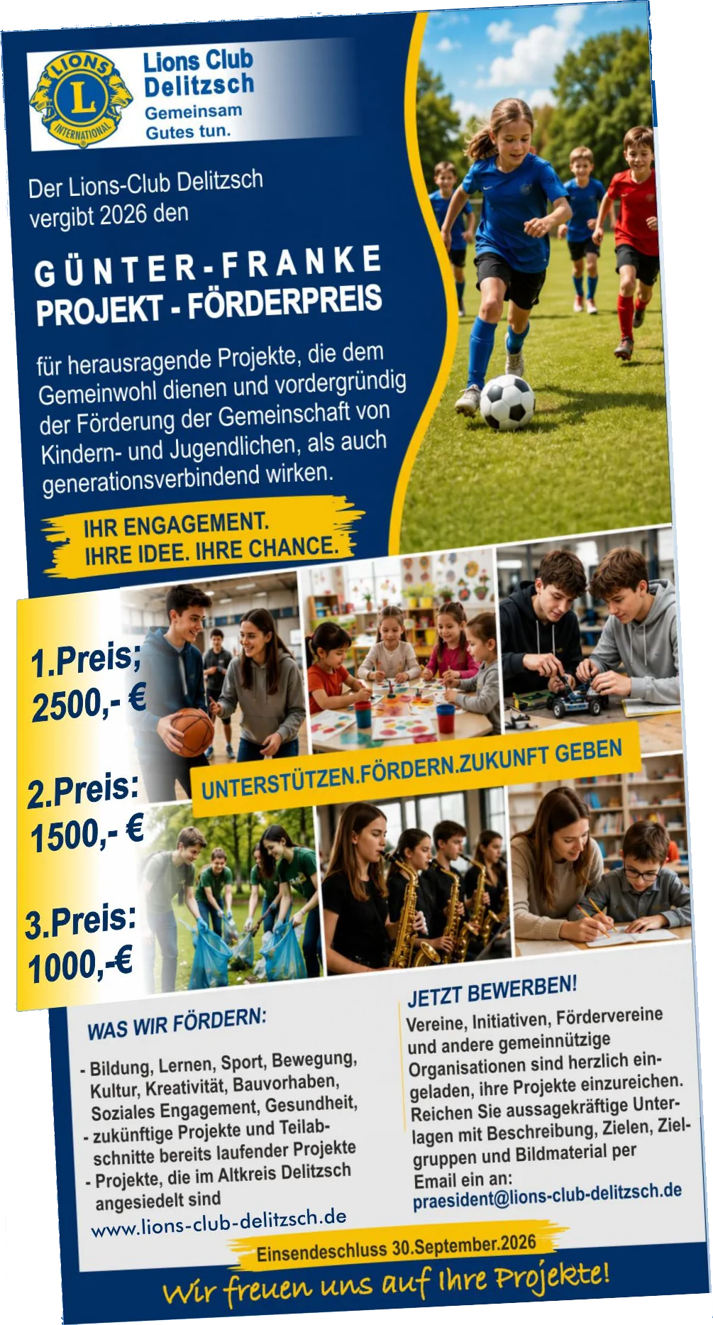 Flyer des Lions Club Delitzsch zum Günter-Franke-Förderpreis 2026 mit Preisgeldern und Bewerbungsfrist