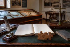 KI-generiertes Symbolbild: In einem historischen Museumsraum liegen ein leeres Kontobuch, Schreibfeder und hölzerne Puzzleteile neben einer alten Waage.