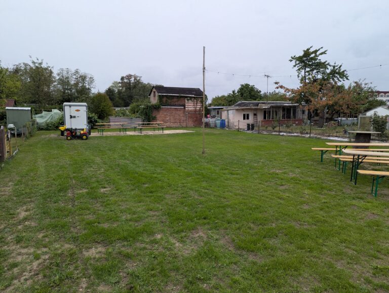 Noch freie Festwiese im KGV Gute Hoffnung, auf der am Samstag eine Hüpfburg und Kinderspiele aufgebaut werden