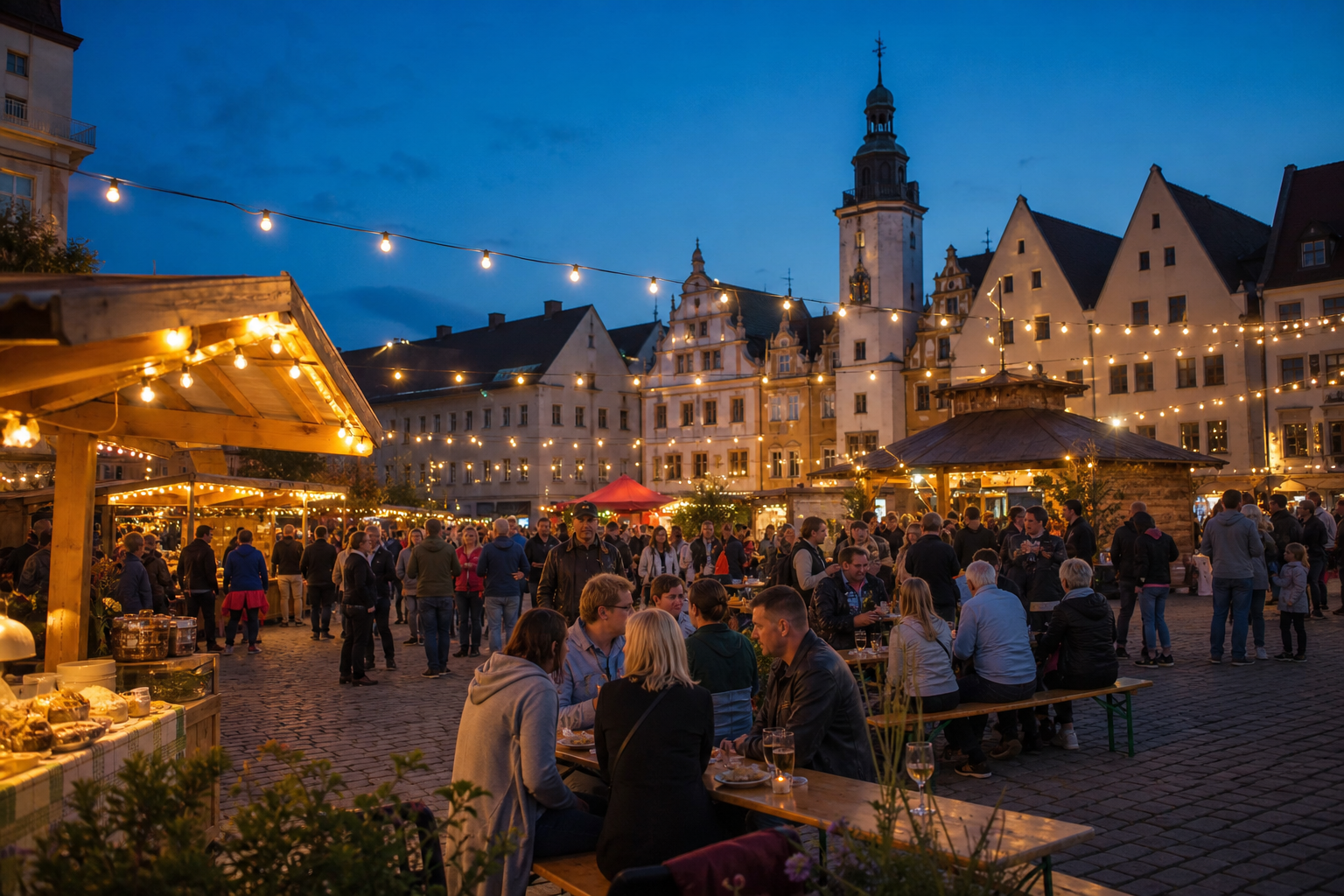 KI-generiertes Symbolbild: Abendmarkt auf einem historischen Marktplatz.