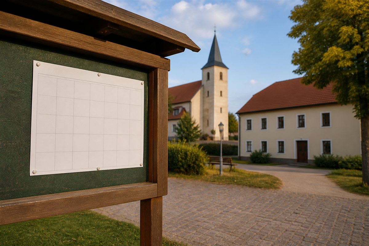 KI-generiertes Symbolbild: Dorf-Aushang mit Kirche und Gemeindebau