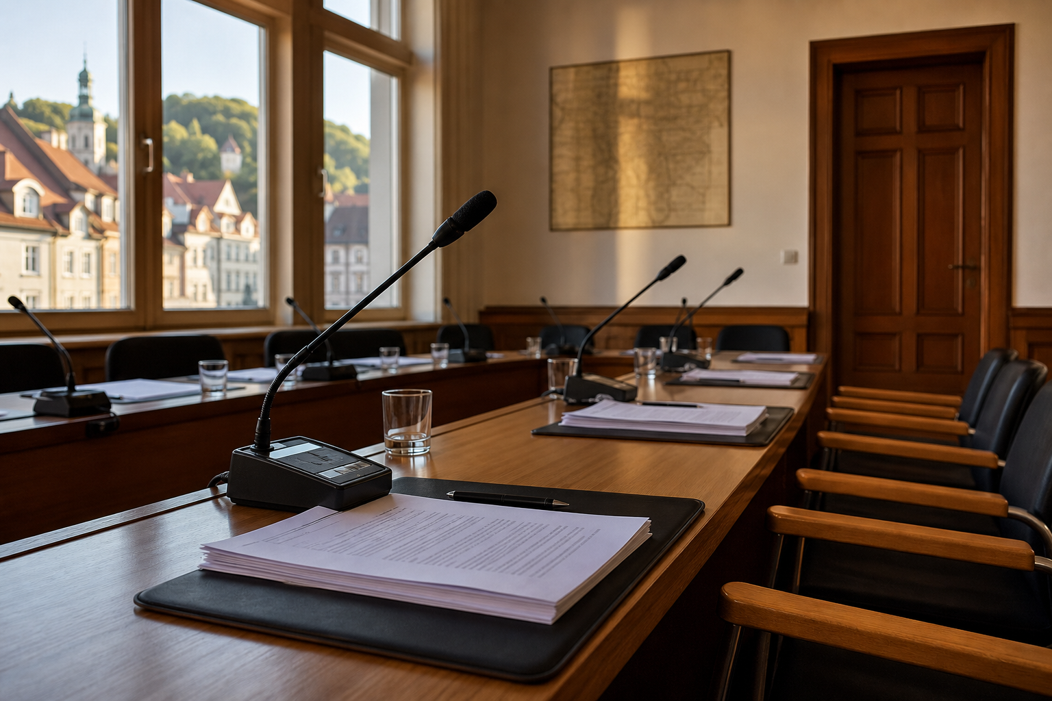 KI-generiertes Symbolbild: Sitzungsraum vor einer öffentlichen Ratsversammlung.