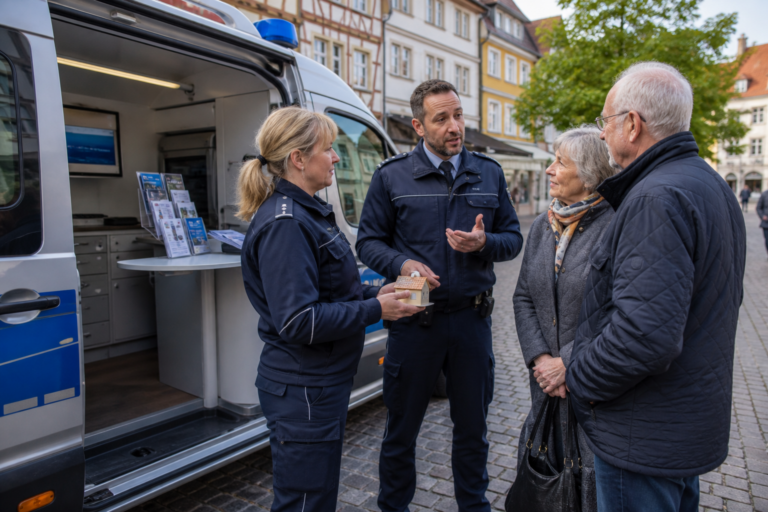 KI-generiertes Symbolbild: Polizei berät ein älteres Paar an einem Präventionsmobil.