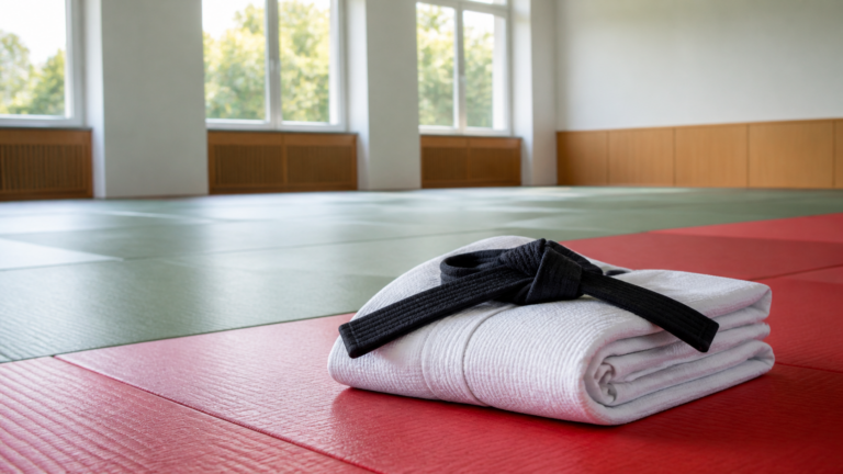 KI-generiertes Symbolbild: Judoanzug und schwarzer Gürtel auf Tatami-Matten.