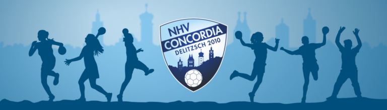 Vereinsbanner des NHV Concordia Delitzsch mit Handball-Silhouetten