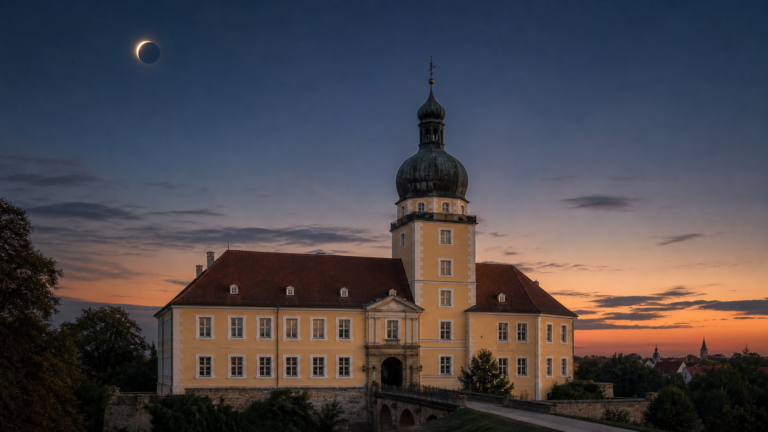 KI-generierte Illustration: Partielle Sonnenfinsternis über dem Barockschloss Delitzsch