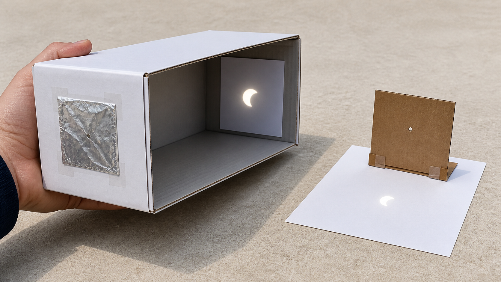 KI-generierte Illustration eines Lochprojektors für die sichere indirekte Beobachtung einer Sonnenfinsternis