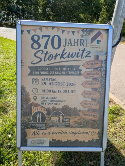Plakat mit der Aufschrift 870 Jahre Storkwitz und Eröffnung des Geschichtspfads am 29. August 2026.