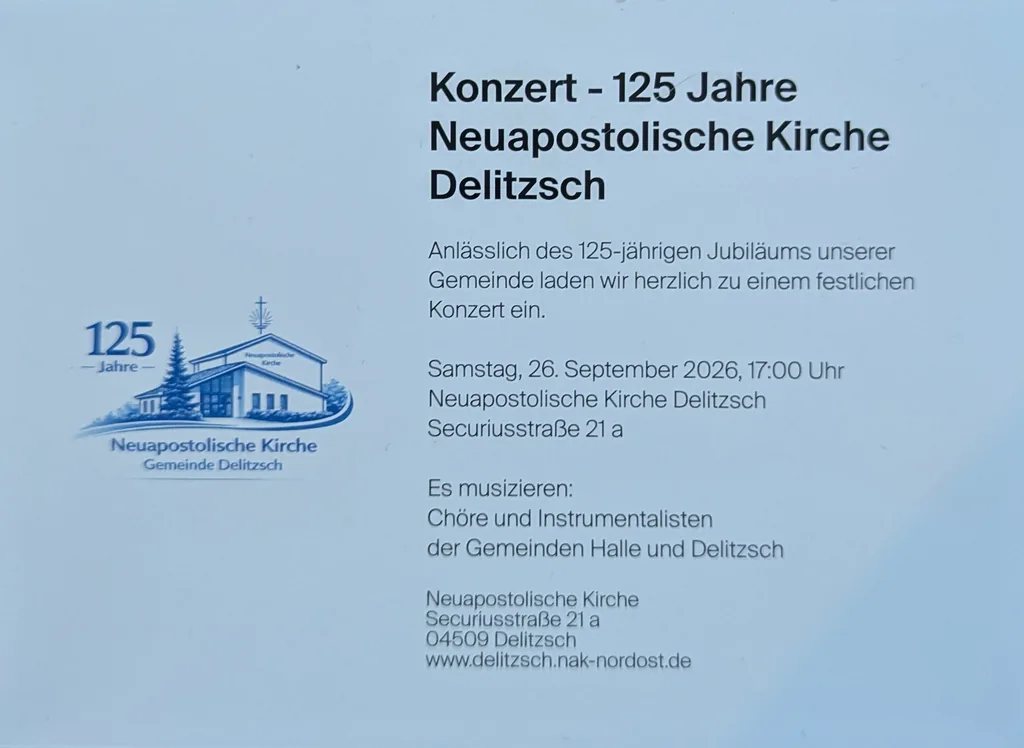 Plakat zum Konzert anlässlich von 125 Jahren Neuapostolische Kirche Delitzsch am 26. September 2026
