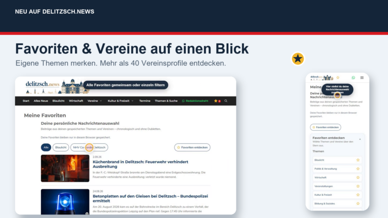 Desktop- und Mobilansicht der Favoritenseite von Delitzsch.News
