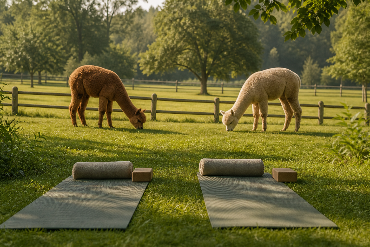 KI-generiertes Symbolbild: Zwei Yogamatten liegen auf einer Wiese, dahinter grasen zwei Alpakas.