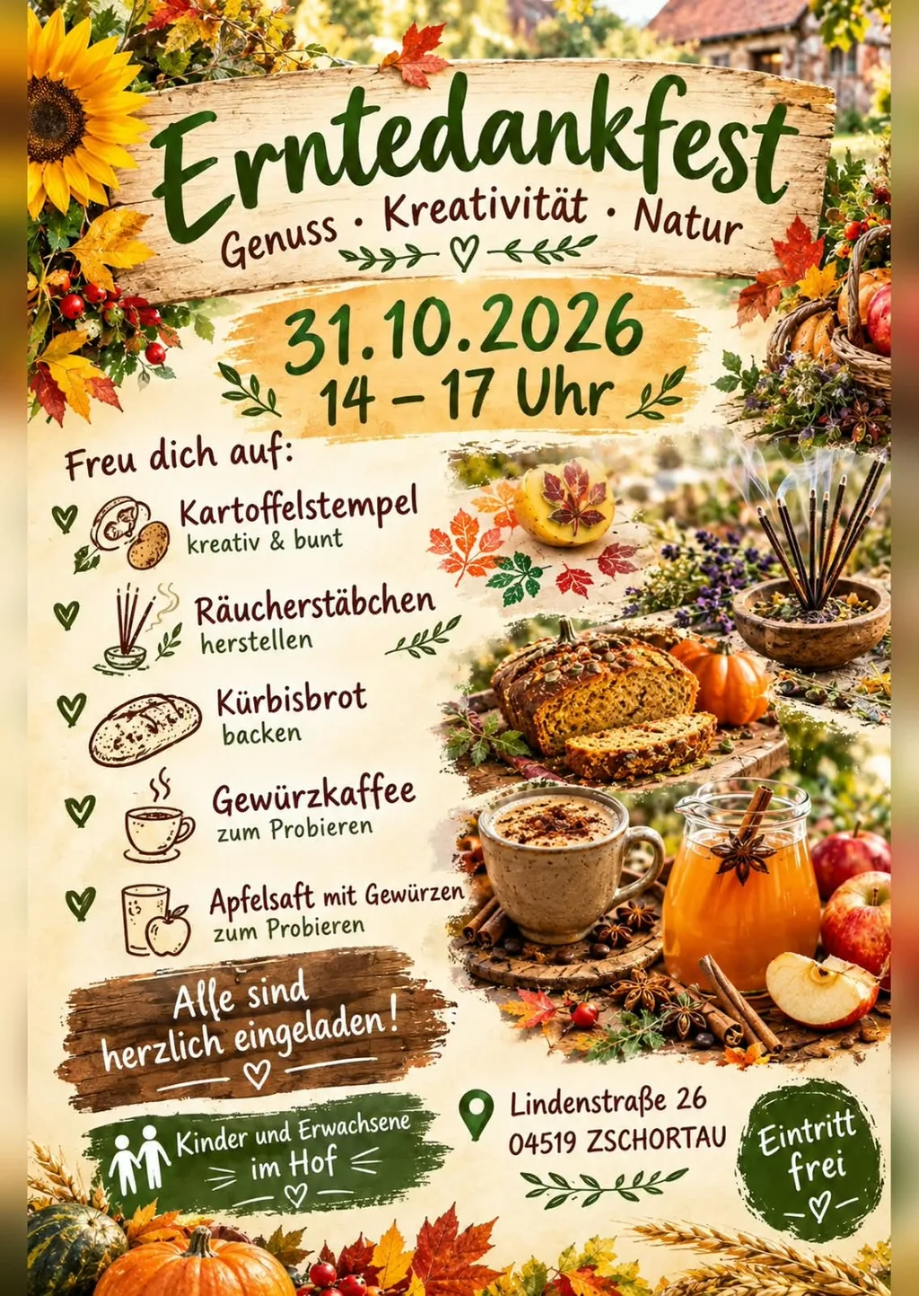 Plakat zum Erntedankfest in Zschortau am 31. Oktober 2026