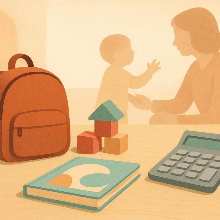 KI-generiertes Symbolbild mit Kinderutensilien und Taschenrechner zur Anpassung von Elternbeiträgen für Krippenbetreuung.