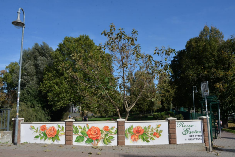 Mauer am Eingang zum Rosengarten in Delitzsch mit drei großformatigen Rosenmotiven und Schriftzug Rosengarten der Stadt Delitzsch.