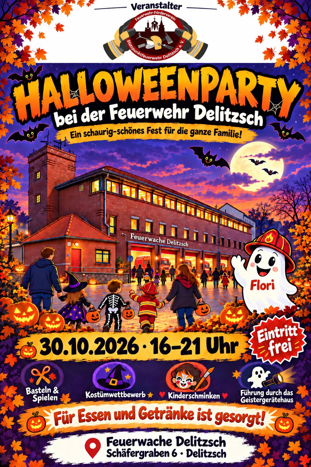 Veranstaltungsplakat: Halloweenparty bei der Feuerwehr Delitzsch am 30. Oktober 2026 von 16 bis 21 Uhr, Schäfergraben 6, Eintritt frei.